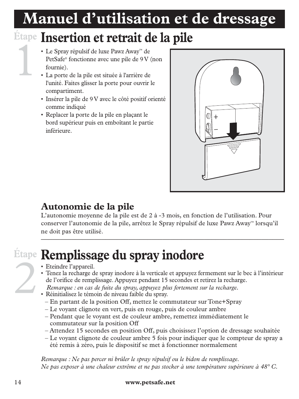 Manuel d’utilisation et de dressage, Insertion et retrait de la pile, Remplissage du spray inodore | Petsafe Pawz Away Deluxe Spray Deterrent User Manual | Page 14 / 68