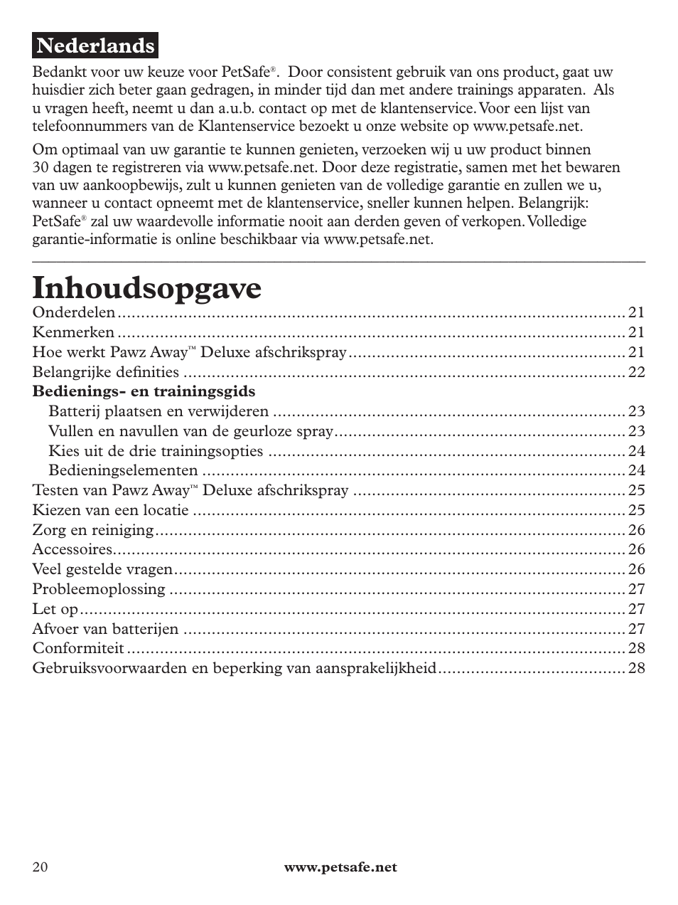 Inhoudsopgave | Petsafe Pawz Away Deluxe Spray Deterrent User Manual | Page 20 / 68