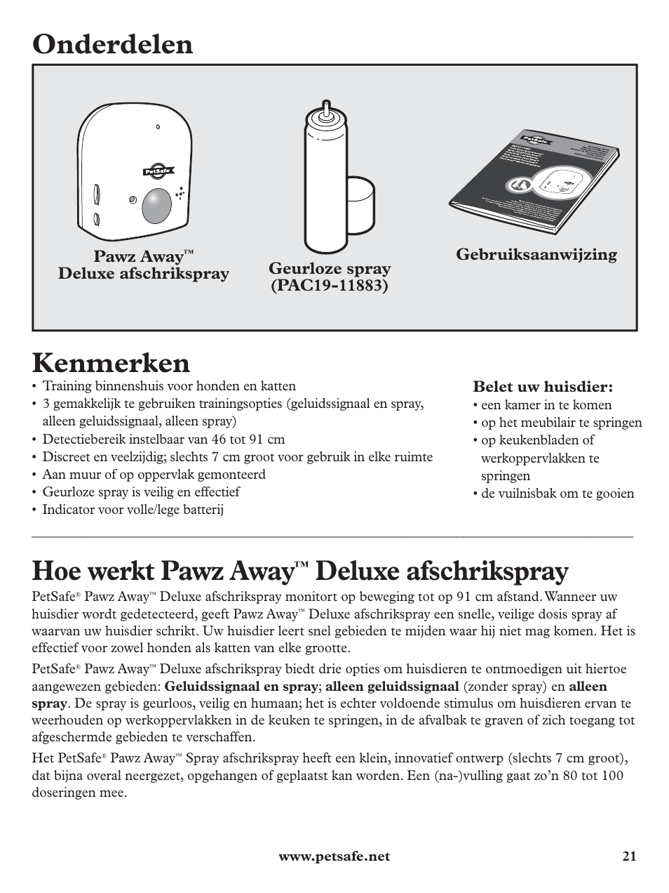 Onderdelen, Kenmerken, Hoe werkt pawz away | Deluxe afschrikspray | Petsafe Pawz Away Deluxe Spray Deterrent User Manual | Page 21 / 68