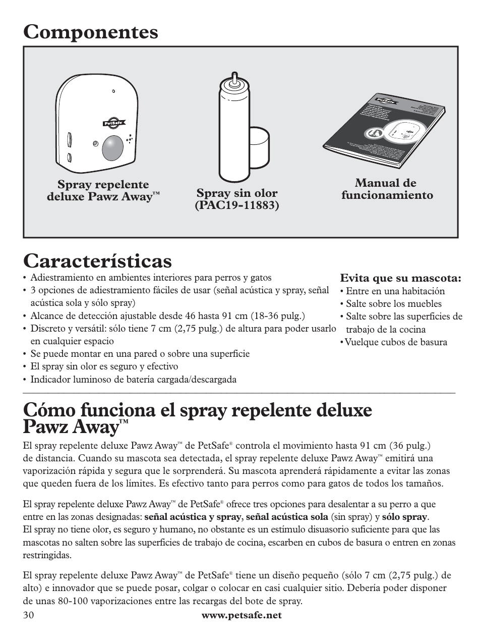 Componentes, Características, Cómo funciona el spray repelente deluxe pawz away | Petsafe Pawz Away Deluxe Spray Deterrent User Manual | Page 30 / 68