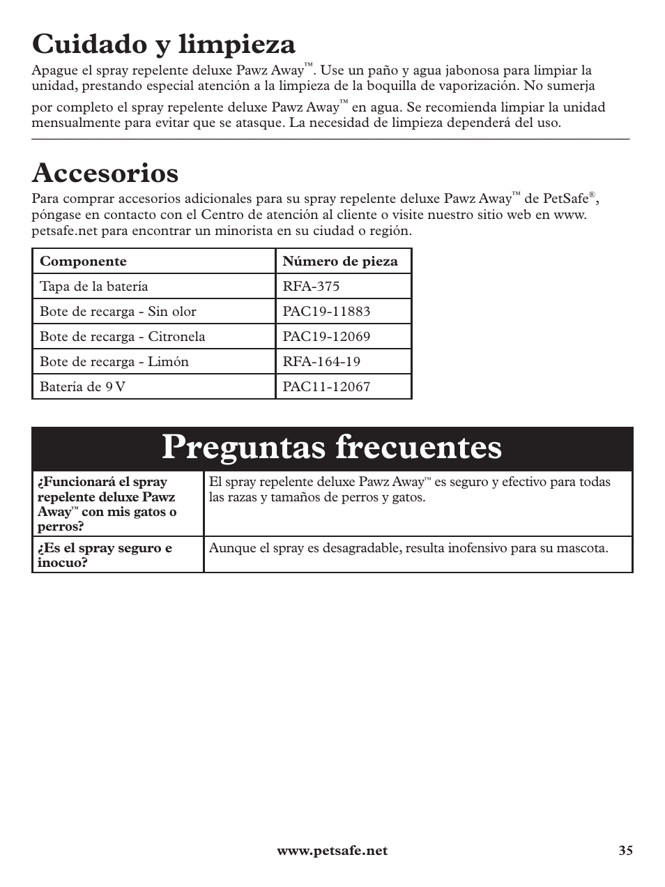 Preguntas frecuentes, Cuidado y limpieza, Accesorios | Petsafe Pawz Away Deluxe Spray Deterrent User Manual | Page 35 / 68