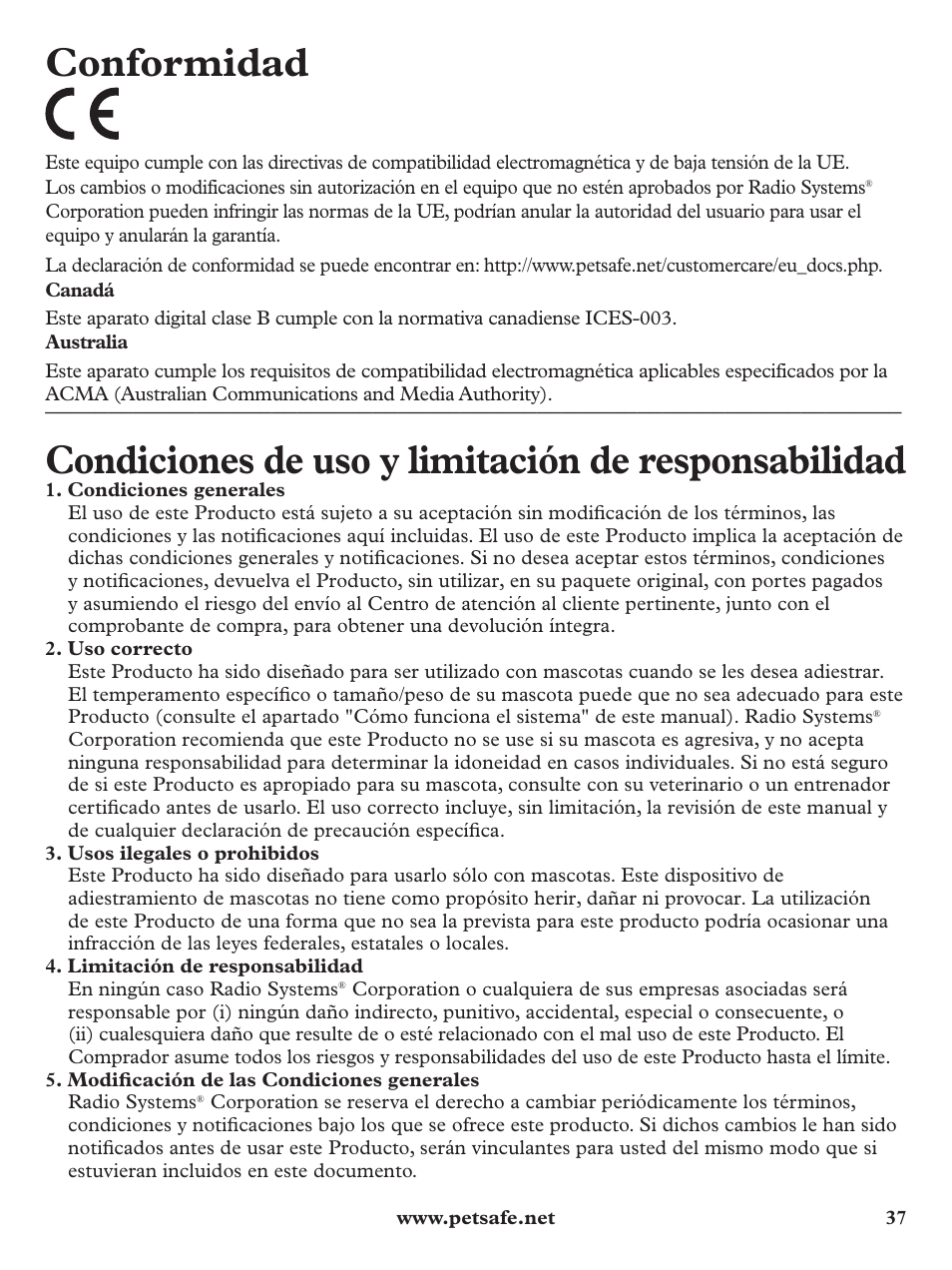 Conformidad, Condiciones de uso y limitación de responsabilidad | Petsafe Pawz Away Deluxe Spray Deterrent User Manual | Page 37 / 68