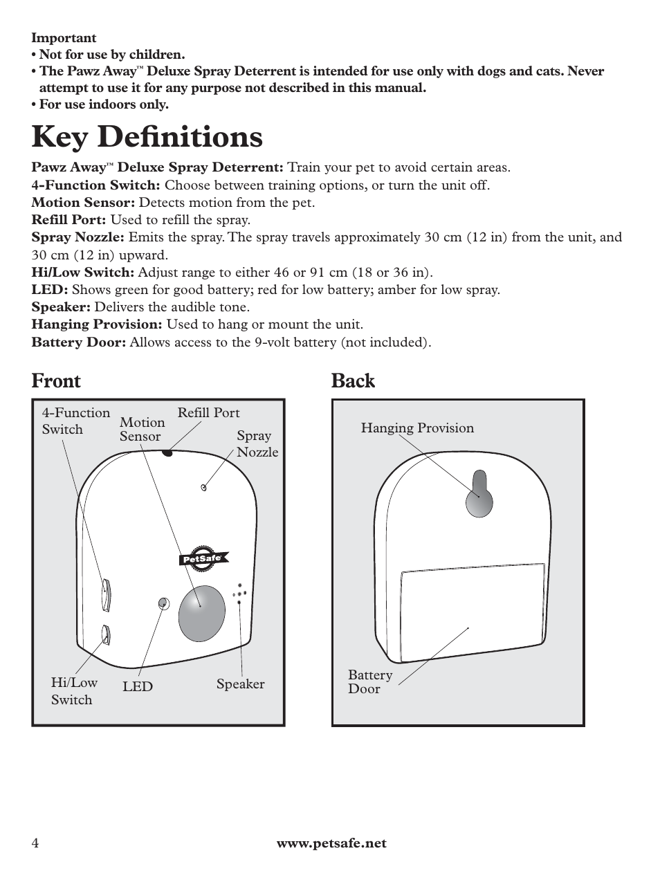Key defi nitions, Front, Back | Petsafe Pawz Away Deluxe Spray Deterrent User Manual | Page 4 / 68