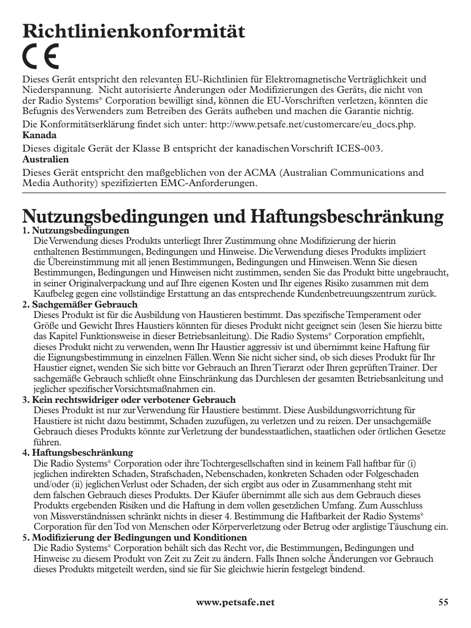 Richtlinienkonformität, Nutzungsbedingungen und haftungsbeschränkung | Petsafe Pawz Away Deluxe Spray Deterrent User Manual | Page 55 / 68