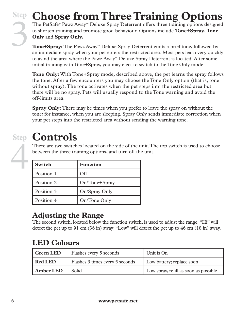 Choose from three training options, Controls, Step | Petsafe Pawz Away Deluxe Spray Deterrent User Manual | Page 6 / 68