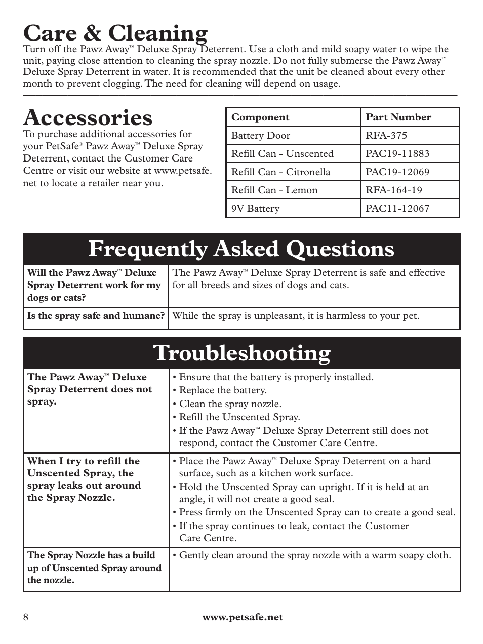 Care & cleaning, Accessories, Frequently asked questions | Troubleshooting | Petsafe Pawz Away Deluxe Spray Deterrent User Manual | Page 8 / 68