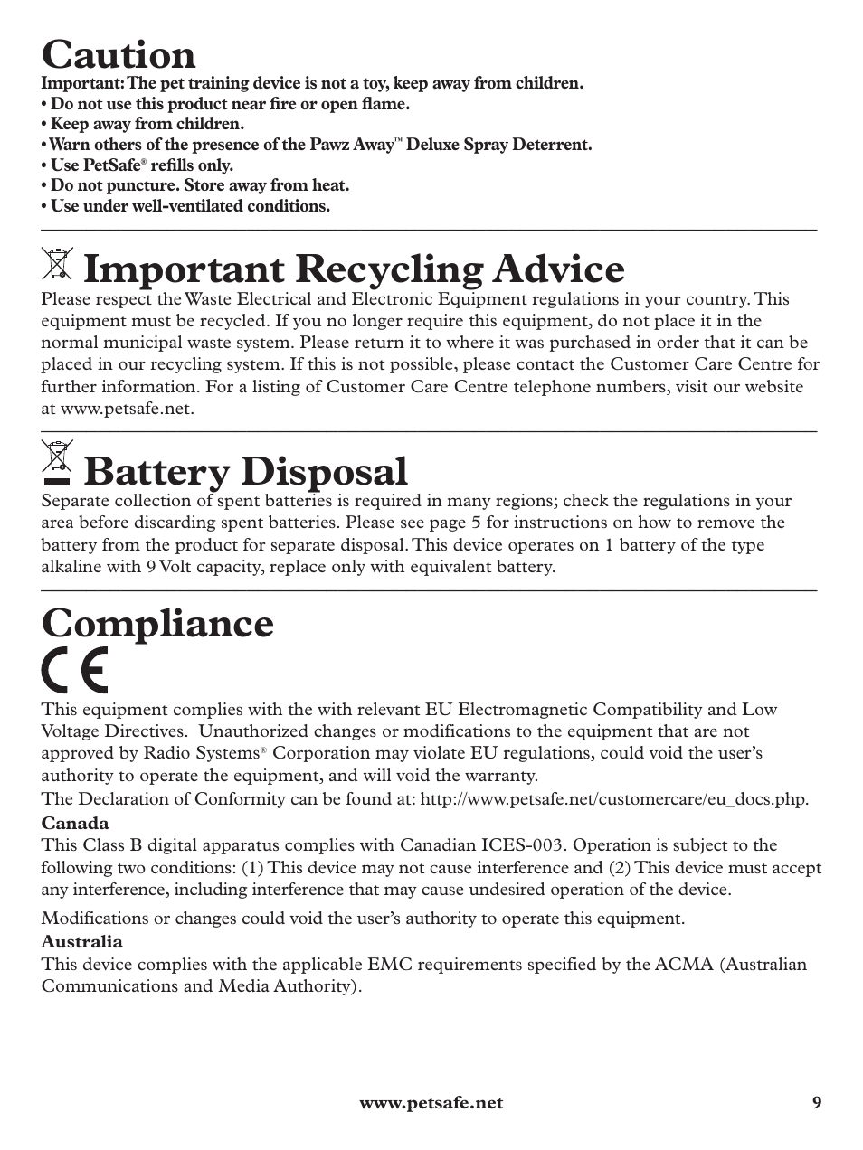 Caution, Important recycling advice, Battery disposal | Compliance | Petsafe Pawz Away Deluxe Spray Deterrent User Manual | Page 9 / 68