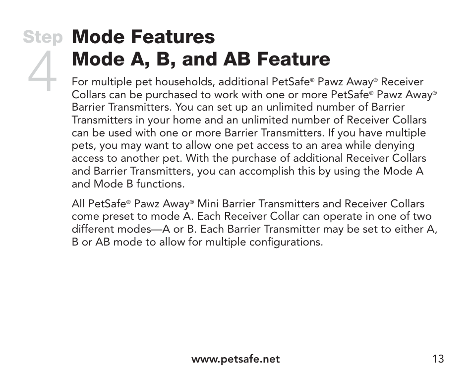 Mode features mode a, b, and ab feature, Step | Petsafe Pawz Away® Extra Mini Pet Barrier User Manual | Page 13 / 28