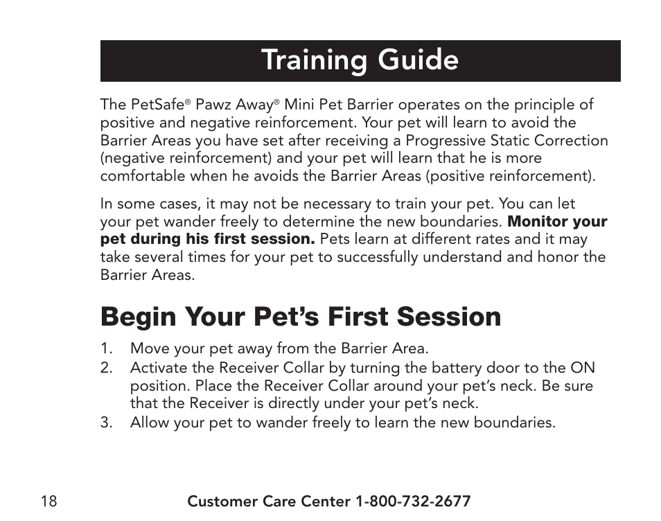 Training guide, Begin your pet’s first session | Petsafe Pawz Away® Extra Mini Pet Barrier User Manual | Page 18 / 28