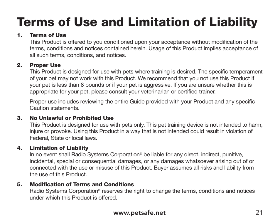 Terms of use and limitation of liability | Petsafe Pawz Away® Extra Mini Pet Barrier User Manual | Page 21 / 28