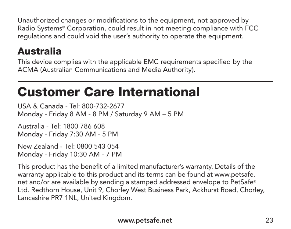 Customer care international, Australia | Petsafe Pawz Away® Extra Mini Pet Barrier User Manual | Page 23 / 28