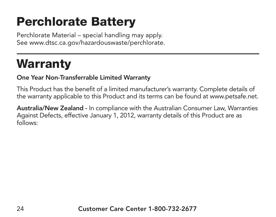 Perchlorate battery, Warranty | Petsafe Pawz Away® Extra Mini Pet Barrier User Manual | Page 24 / 28