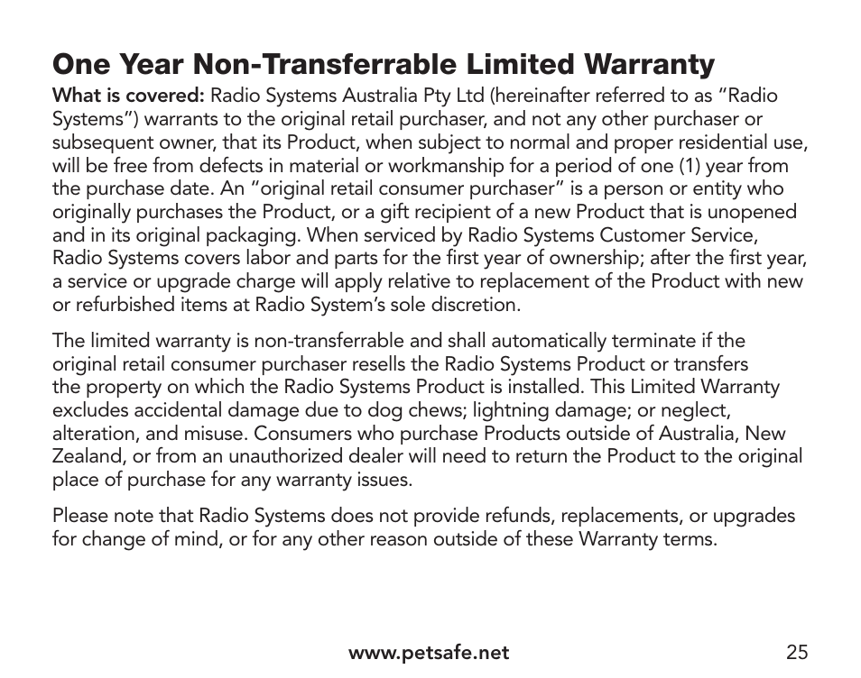 One year non-transferrable limited warranty | Petsafe Pawz Away® Extra Mini Pet Barrier User Manual | Page 25 / 28