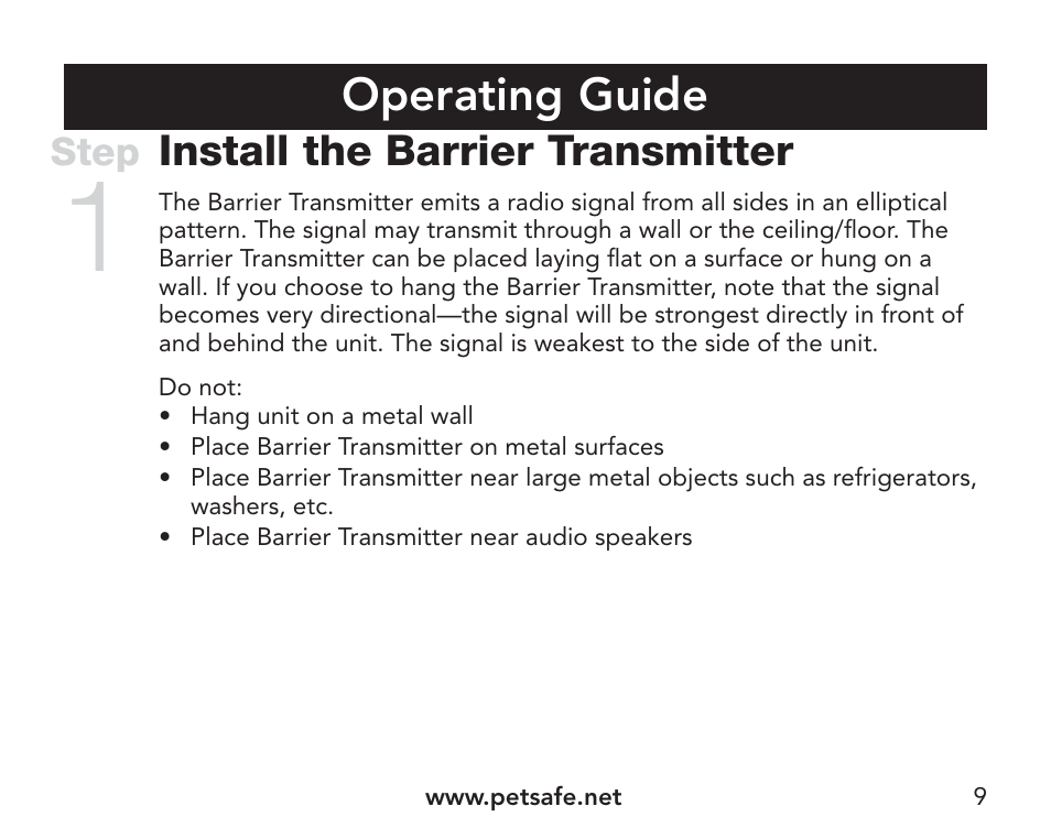 Operating guide, Install the barrier transmitter | Petsafe Pawz Away® Extra Mini Pet Barrier User Manual | Page 9 / 28