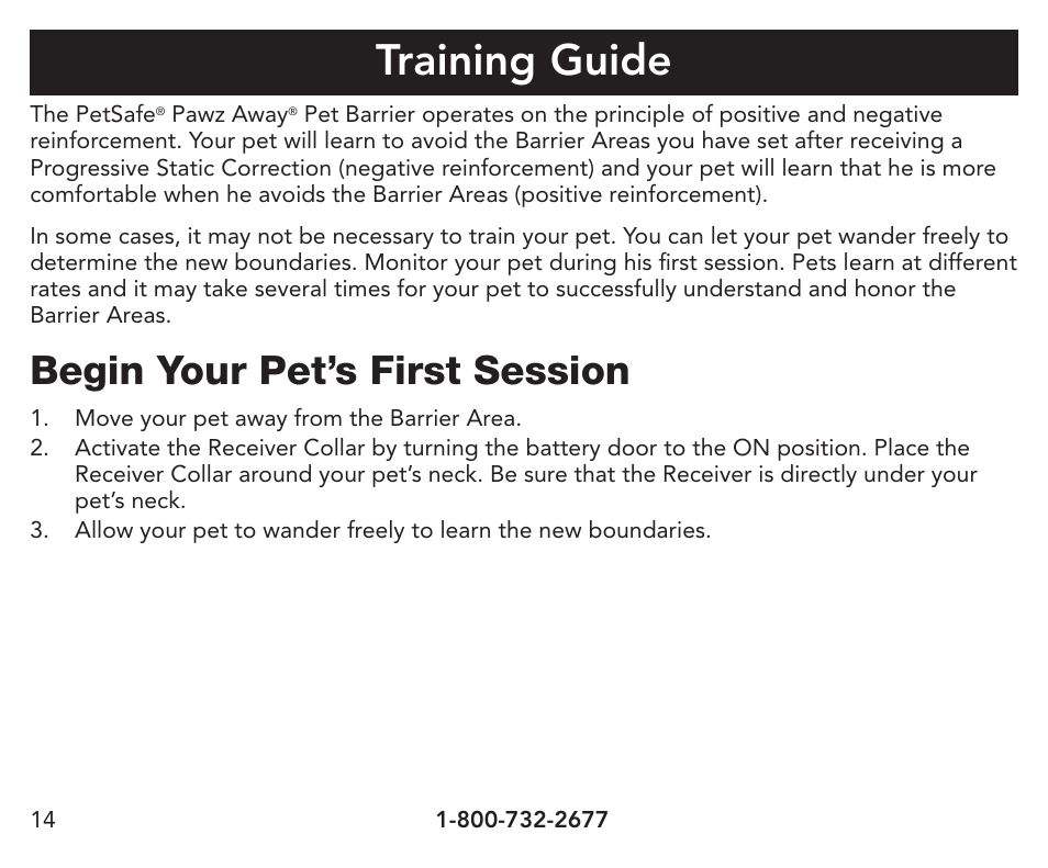 Training guide, Begin your pet’s first session | Petsafe Pawz Away® Extra Receiver Collar User Manual | Page 14 / 24
