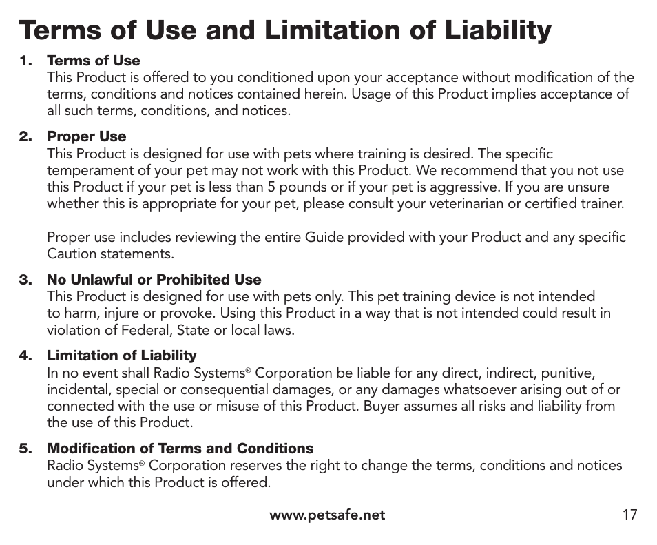 Terms of use and limitation of liability | Petsafe Pawz Away® Extra Receiver Collar User Manual | Page 17 / 24
