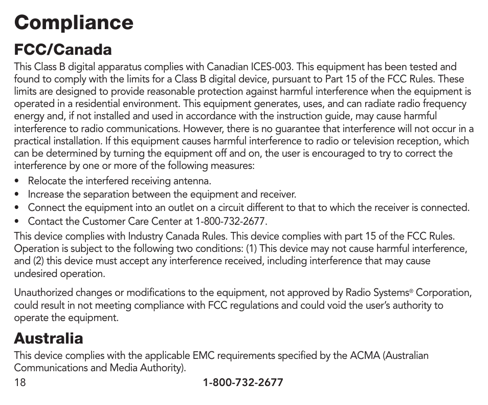 Compliance, Fcc/canada, Australia | Petsafe Pawz Away® Extra Receiver Collar User Manual | Page 18 / 24