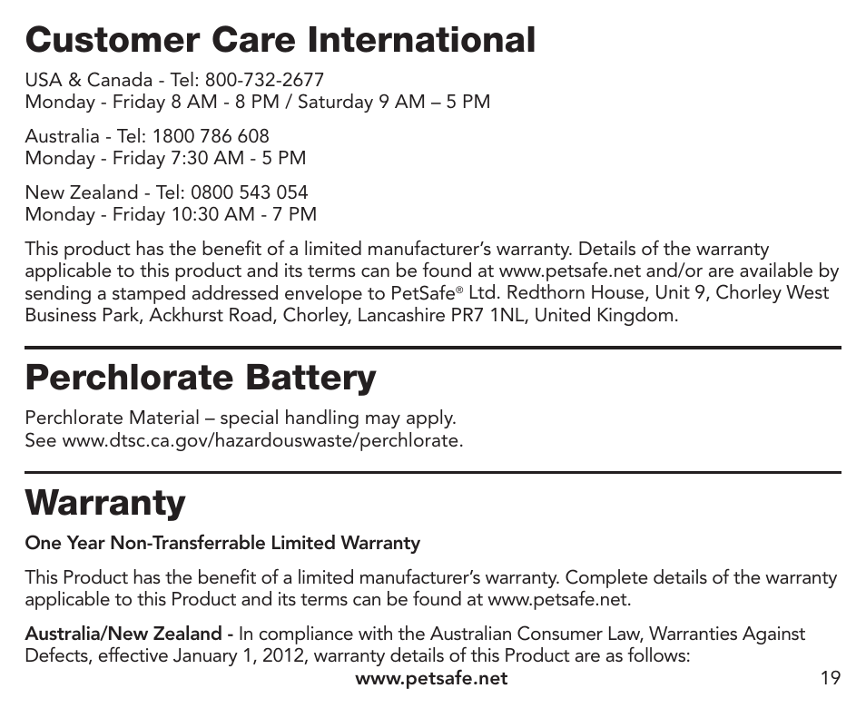 Customer care international, Perchlorate battery, Warranty | Petsafe Pawz Away® Extra Receiver Collar User Manual | Page 19 / 24