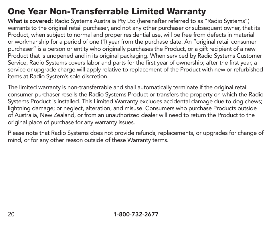 One year non-transferrable limited warranty | Petsafe Pawz Away® Extra Receiver Collar User Manual | Page 20 / 24