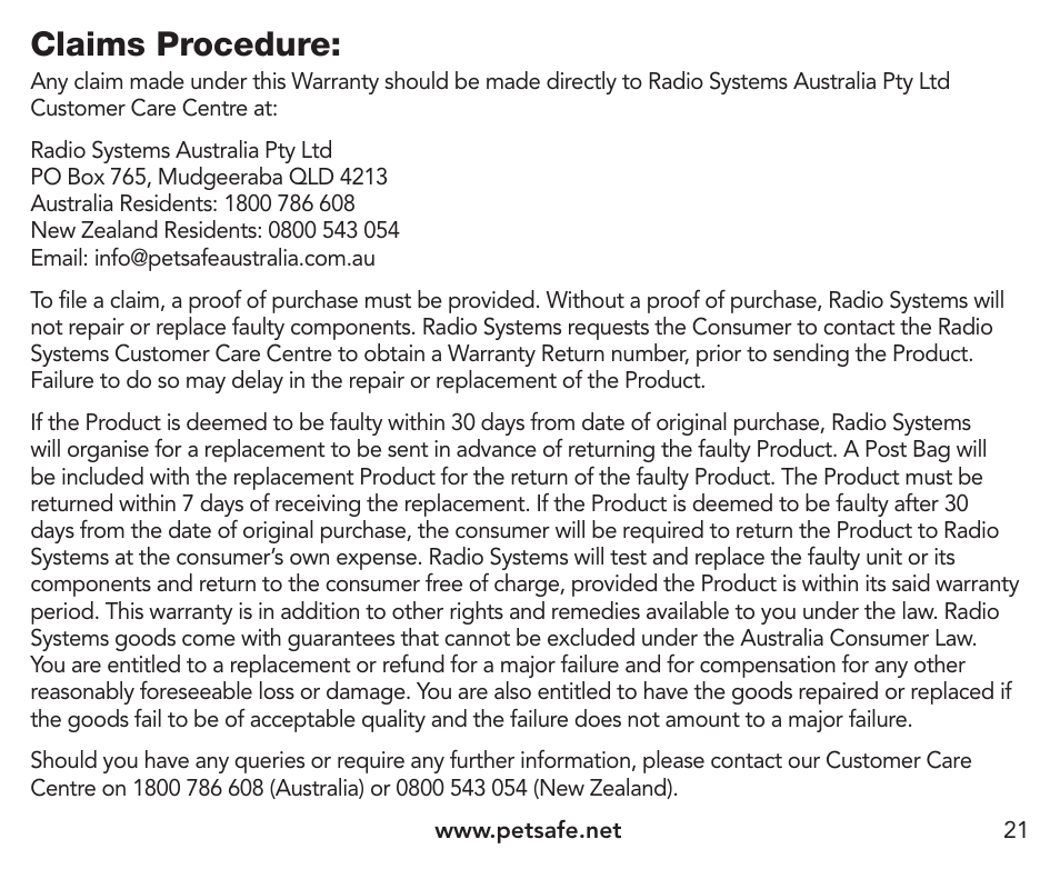 Claims procedure | Petsafe Pawz Away® Extra Receiver Collar User Manual | Page 21 / 24