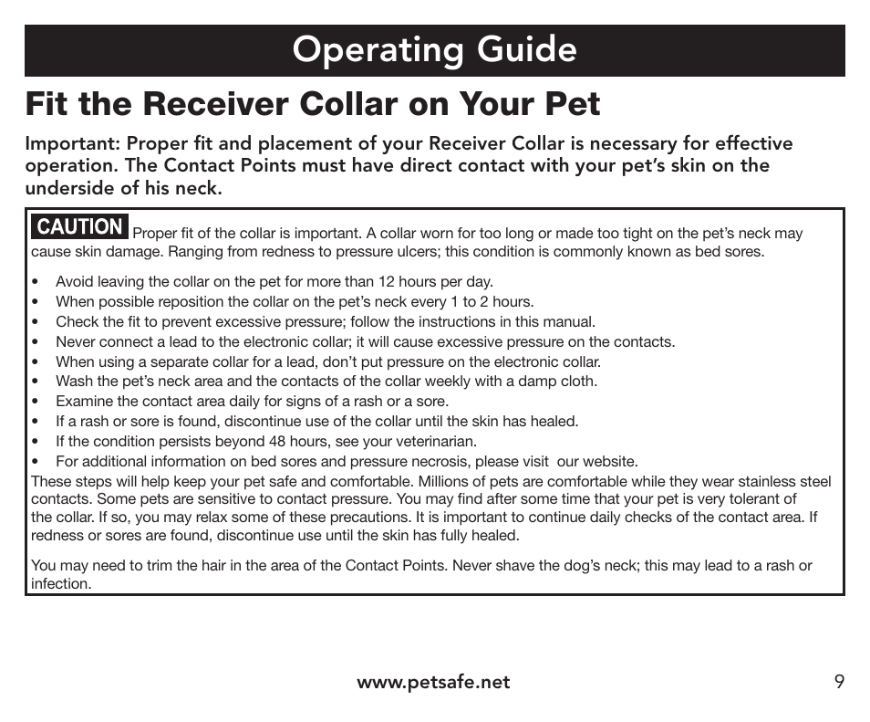 Operating guide, Fit the receiver collar on your pet | Petsafe Pawz Away® Extra Receiver Collar User Manual | Page 9 / 24