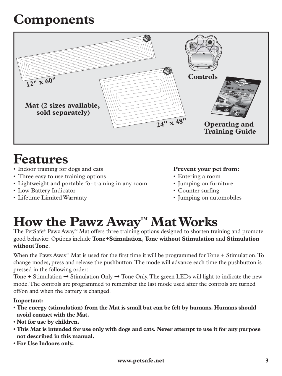 Components, Features, How the pawz away | Mat works, The petsafe, Pawz away | Petsafe Pawz Away® Mat User Manual | Page 3 / 12