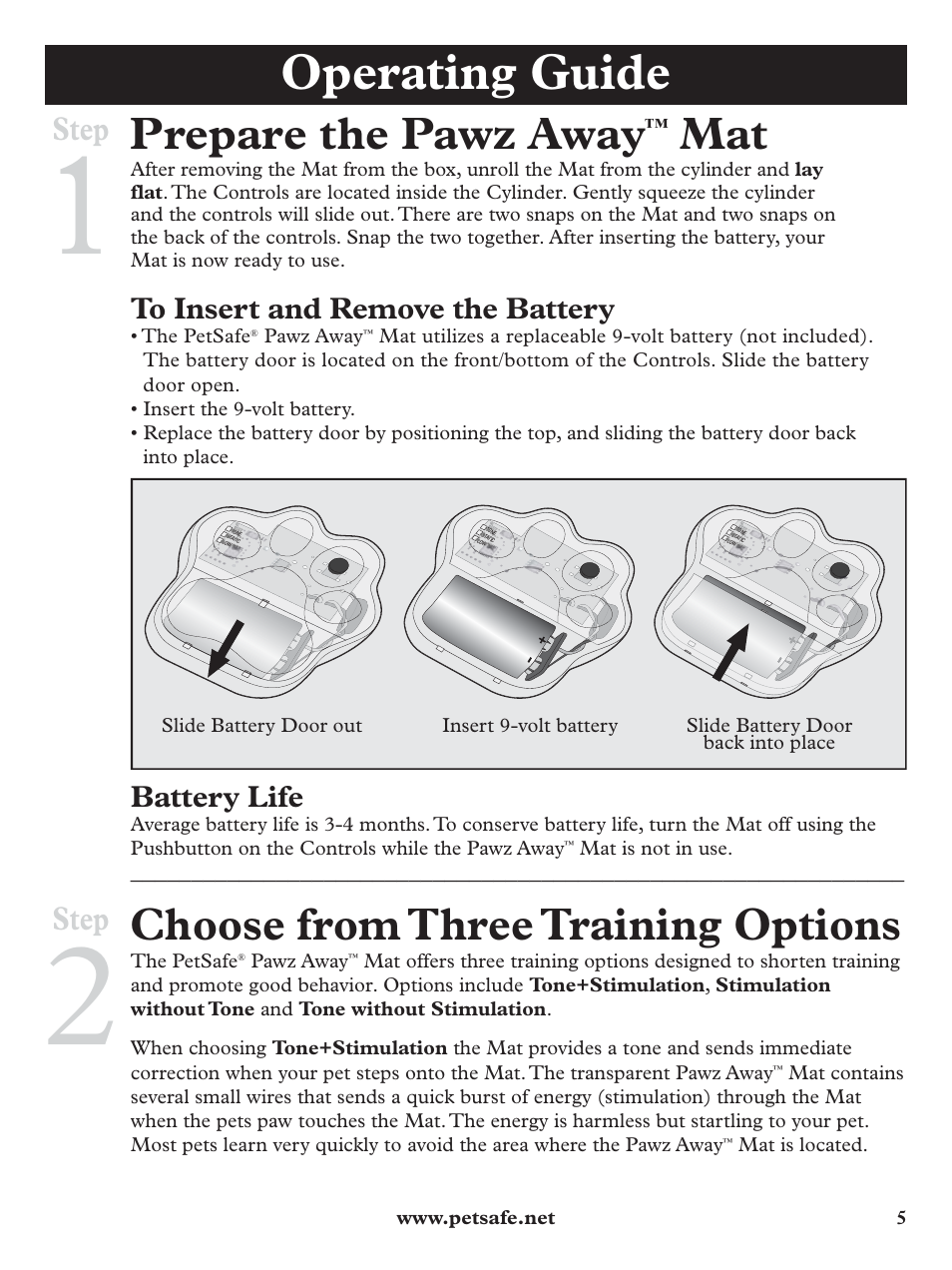 Operating guide, Prepare the pawz away, Choose from three training options | Step, Battery life | Petsafe Pawz Away® Mat User Manual | Page 5 / 12