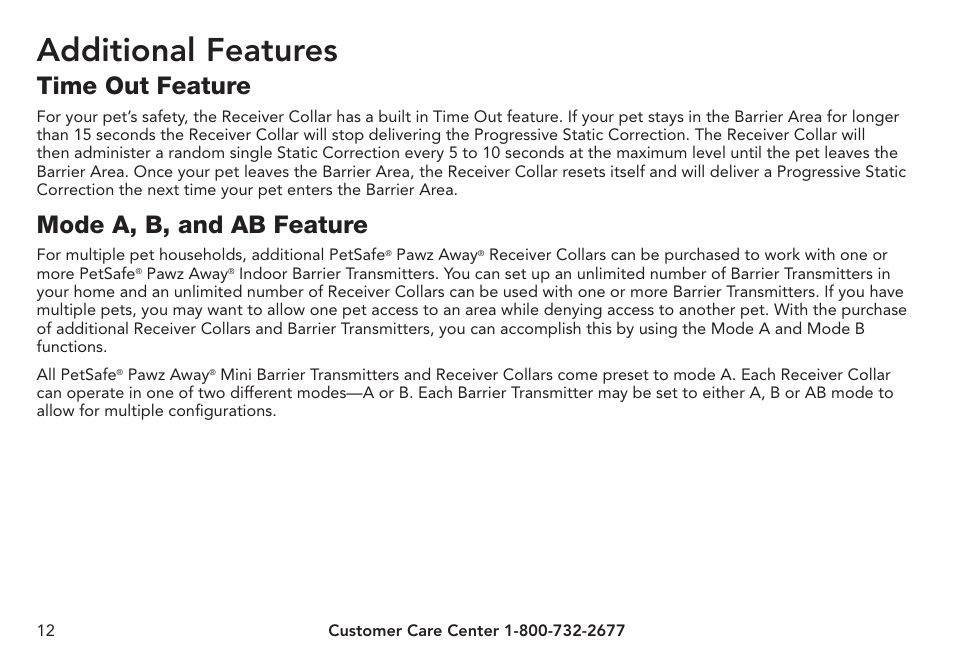 Additional features, Time out feature, Mode a, b, and ab feature | Petsafe Pawz Away® Mini Pet Barrier User Manual | Page 12 / 24