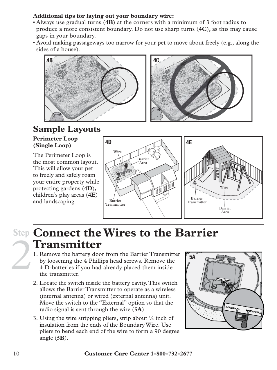 Connect the wires to the barrier transmitter, Step, Sample layouts | Petsafe Pawz Away® Outdoor Pet Barrier User Manual | Page 10 / 20