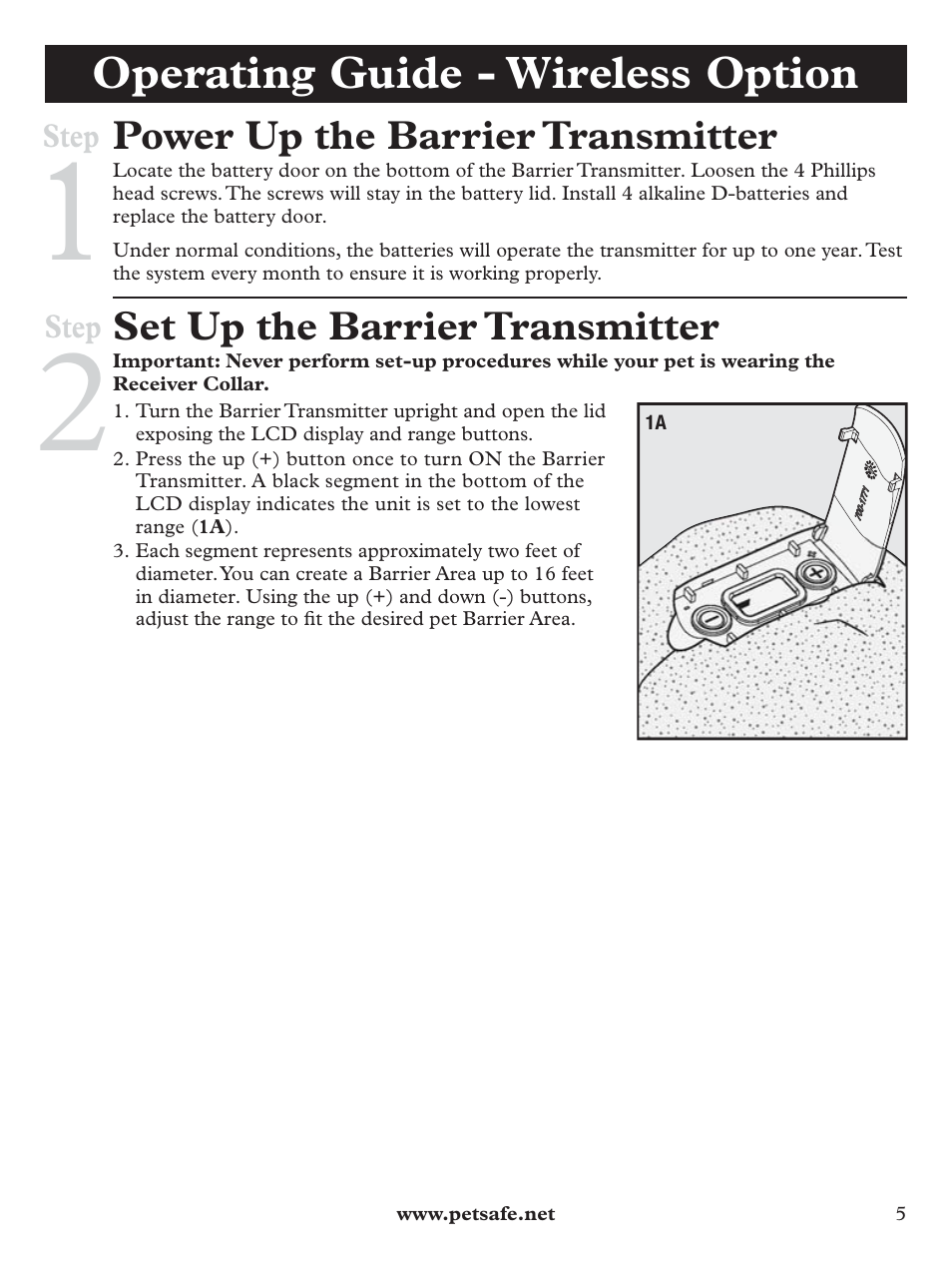 Operating guide - wireless option, Power up the barrier transmitter, Set up the barrier transmitter | Petsafe Pawz Away® Outdoor Pet Barrier User Manual | Page 5 / 20