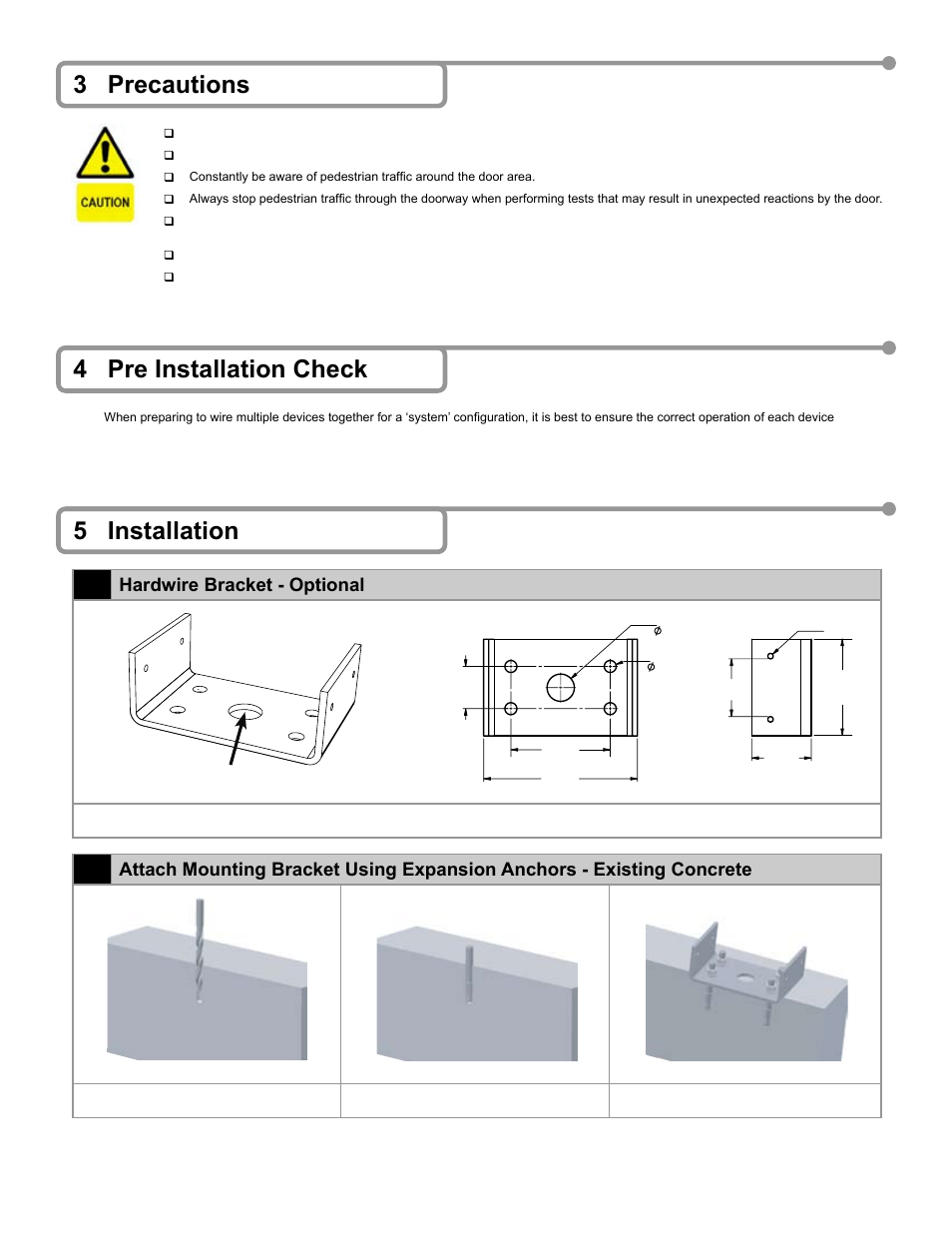 3 precautions, 4 pre installation check, 5 installation 1 | Hardwire bracket - optional | BEA Bollards 10PBDGP1 User Manual | Page 2 / 4