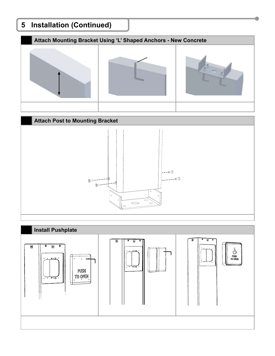 5 installation (continued) 3, Attach post to mounting bracket, Install pushplate | BEA Bollards 10PBDGP1 User Manual | Page 3 / 4