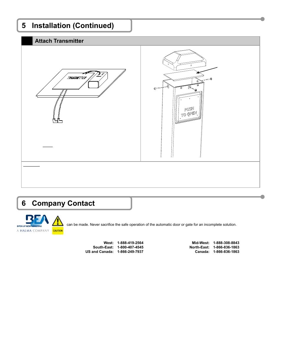 5 installation (continued) 6, 6 company contact, Attach transmitter | BEA Bollards 10PBDGP1 User Manual | Page 4 / 4