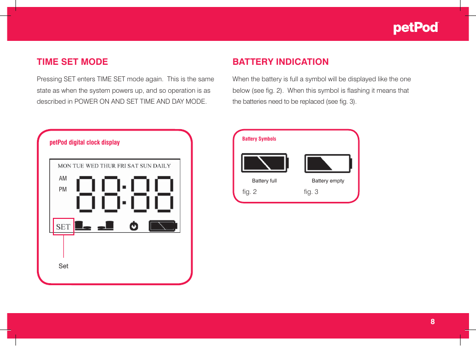 Time set mode, Battery indication | Petsafe petPod™ Digital Pet Feeder User Manual | Page 9 / 30