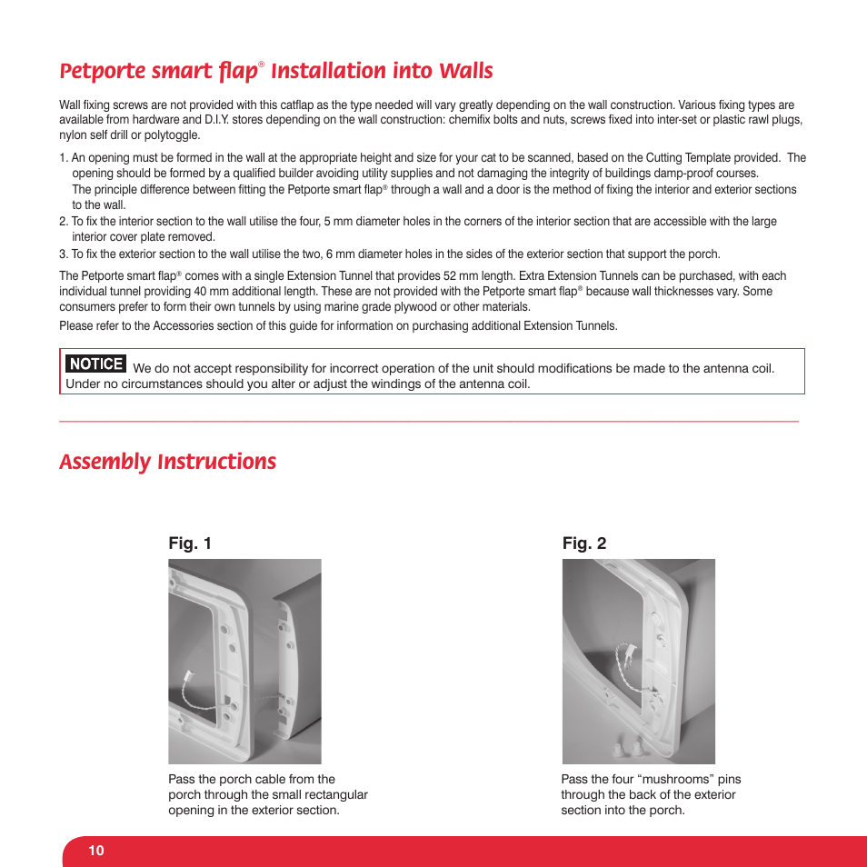 Petporte smart ﬂ ap, Installation into walls, Assembly instructions | Petsafe Petporte Smart Flap® Microchip Cat Flap User Manual | Page 10 / 116