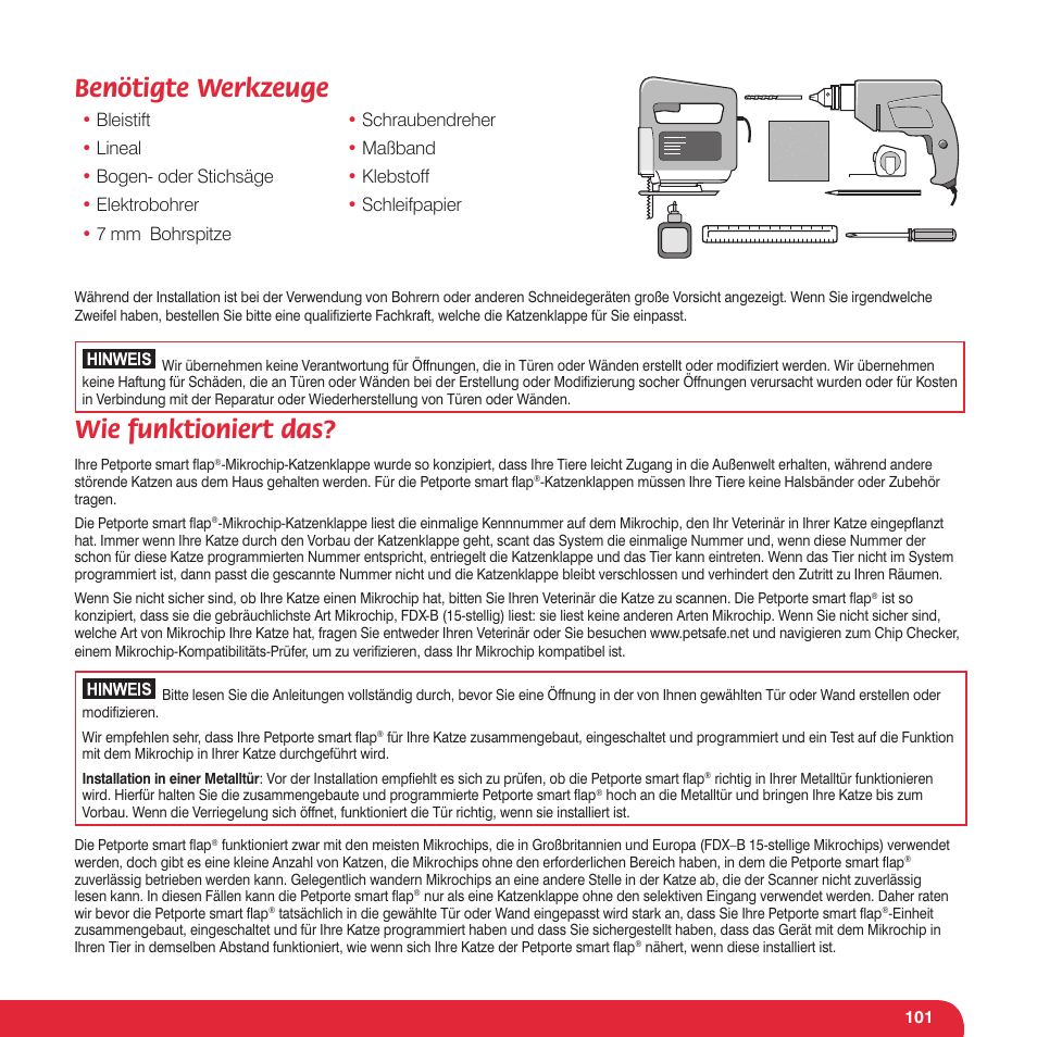 Benötigte werkzeuge, Wie funktioniert das | Petsafe Petporte Smart Flap® Microchip Cat Flap User Manual | Page 101 / 116