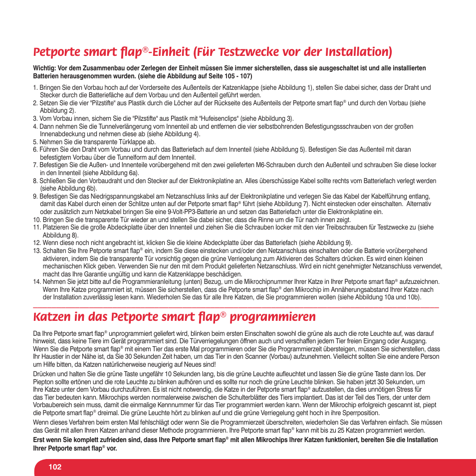 Katzen in das petporte smart ﬂ ap® programmieren | Petsafe Petporte Smart Flap® Microchip Cat Flap User Manual | Page 102 / 116