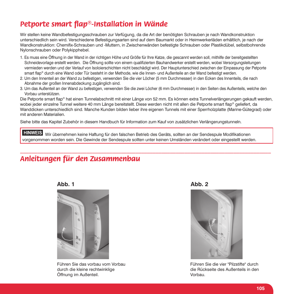 Petporte smart ﬂ ap®-installation in wände, Anleitungen für den zusammenbau | Petsafe Petporte Smart Flap® Microchip Cat Flap User Manual | Page 105 / 116
