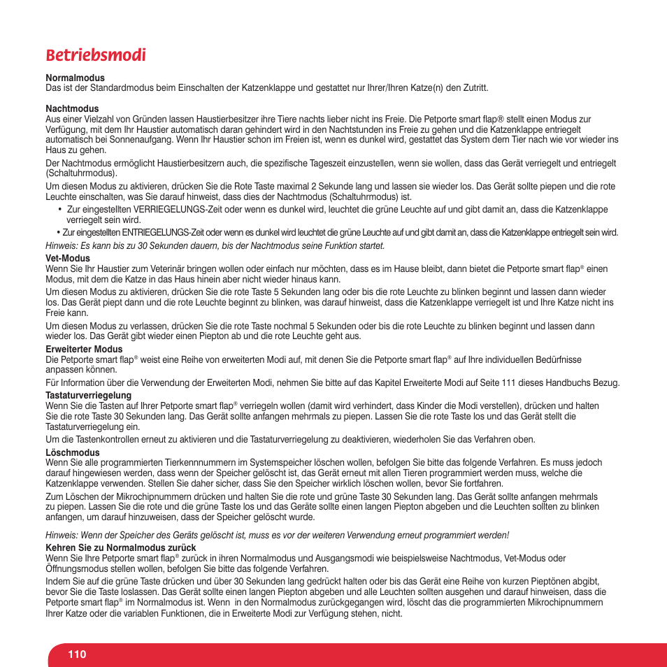 Betriebsmodi | Petsafe Petporte Smart Flap® Microchip Cat Flap User Manual | Page 110 / 116