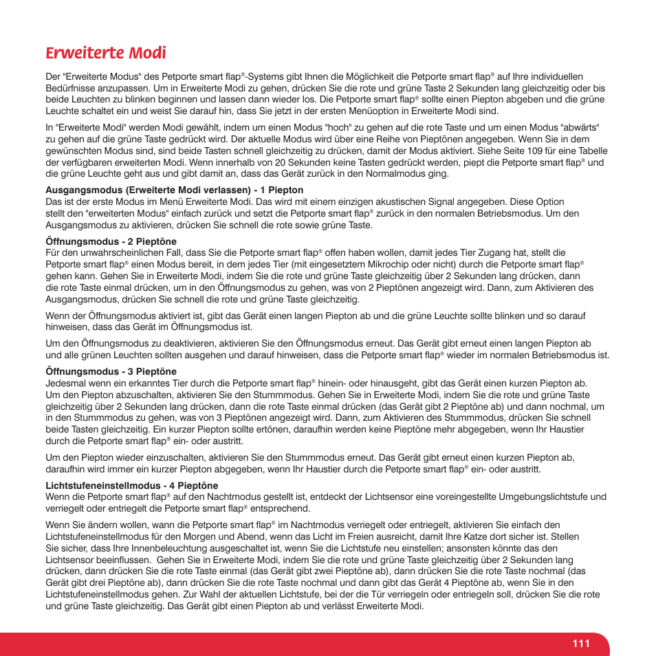 Erweiterte modi | Petsafe Petporte Smart Flap® Microchip Cat Flap User Manual | Page 111 / 116