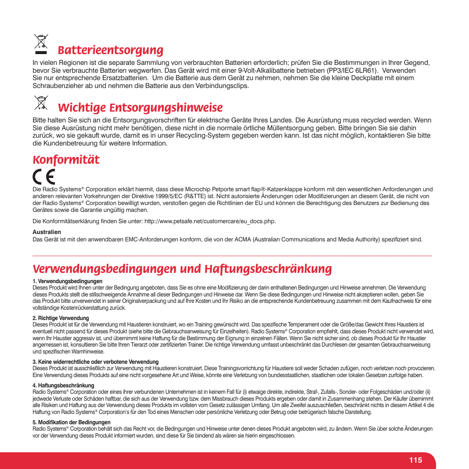 Batterieentsorgung, Wichtige entsorgungshinweise, Konformität | Verwendungsbedingungen und haftungsbeschränkung | Petsafe Petporte Smart Flap® Microchip Cat Flap User Manual | Page 115 / 116