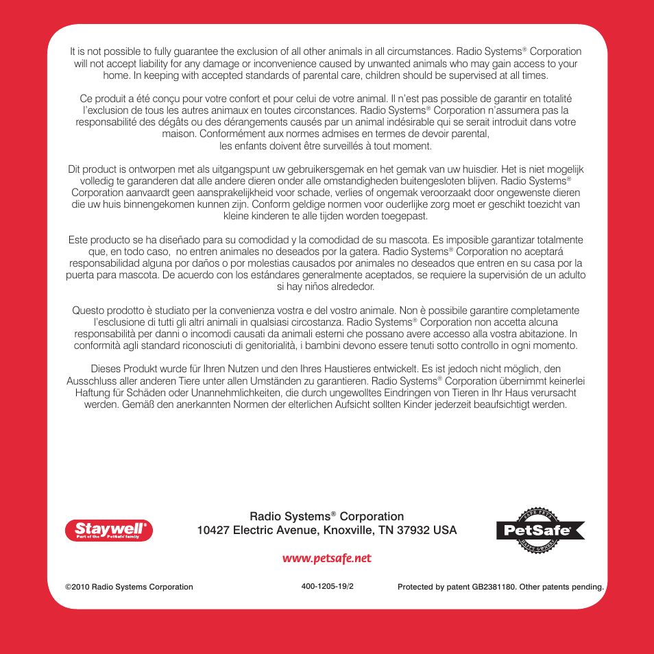 Petsafe Petporte Smart Flap® Microchip Cat Flap User Manual | Page 116 / 116