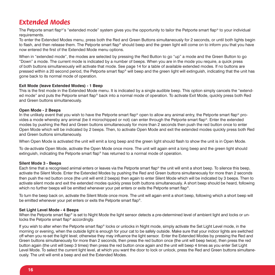 Extended modes | Petsafe Petporte Smart Flap® Microchip Cat Flap User Manual | Page 16 / 116