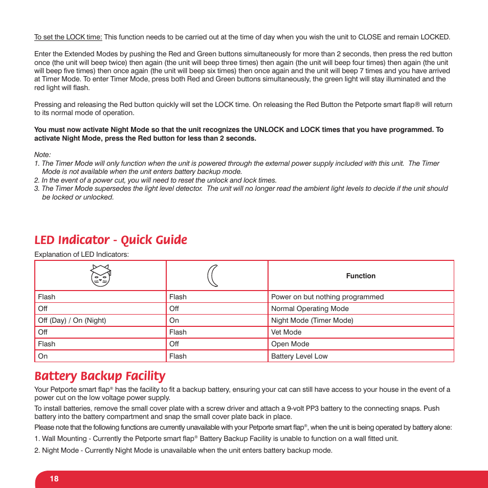 Led indicator - quick guide, Battery backup facility | Petsafe Petporte Smart Flap® Microchip Cat Flap User Manual | Page 18 / 116