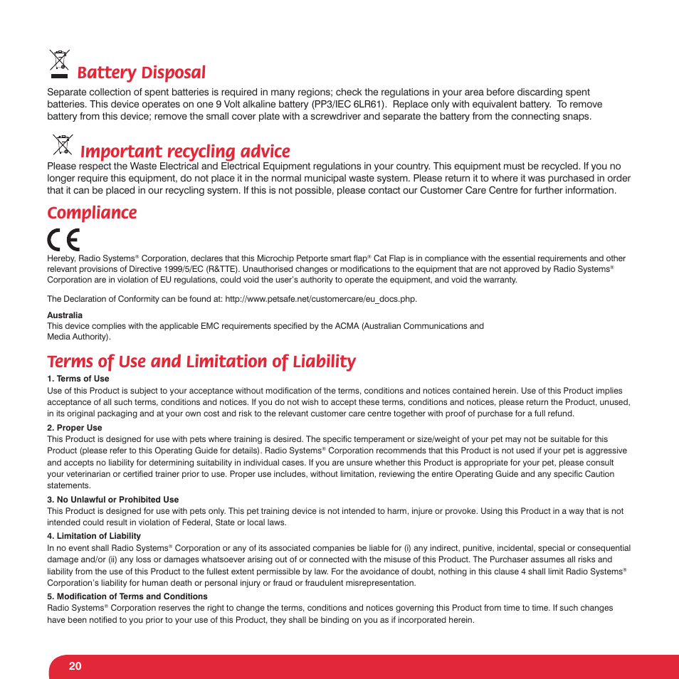 Battery disposal, Important recycling advice, Compliance | Terms of use and limitation of liability | Petsafe Petporte Smart Flap® Microchip Cat Flap User Manual | Page 20 / 116