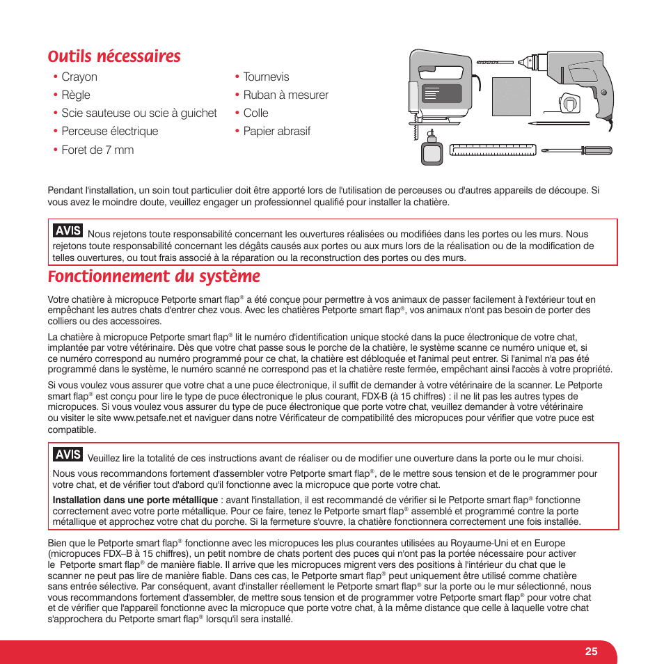 Outils nécessaires, Fonctionnement du système | Petsafe Petporte Smart Flap® Microchip Cat Flap User Manual | Page 25 / 116