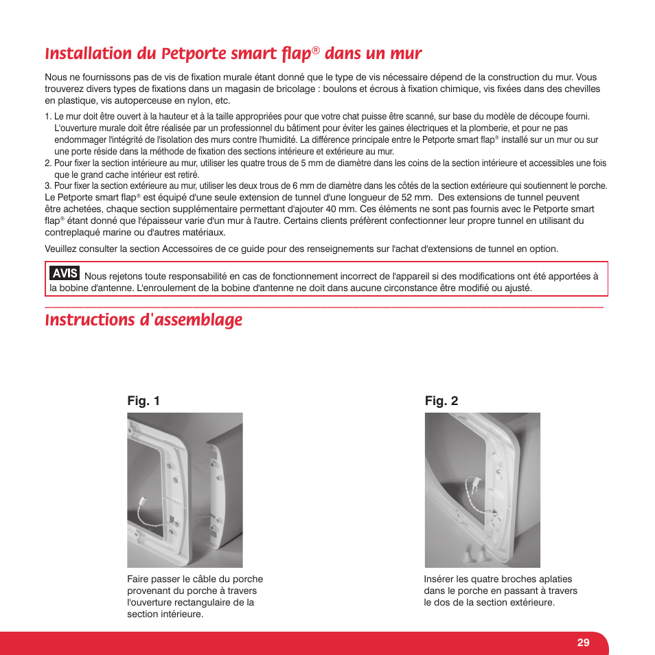Installation du petporte smart ﬂ ap® dans un mur, Instructions d'assemblage | Petsafe Petporte Smart Flap® Microchip Cat Flap User Manual | Page 29 / 116