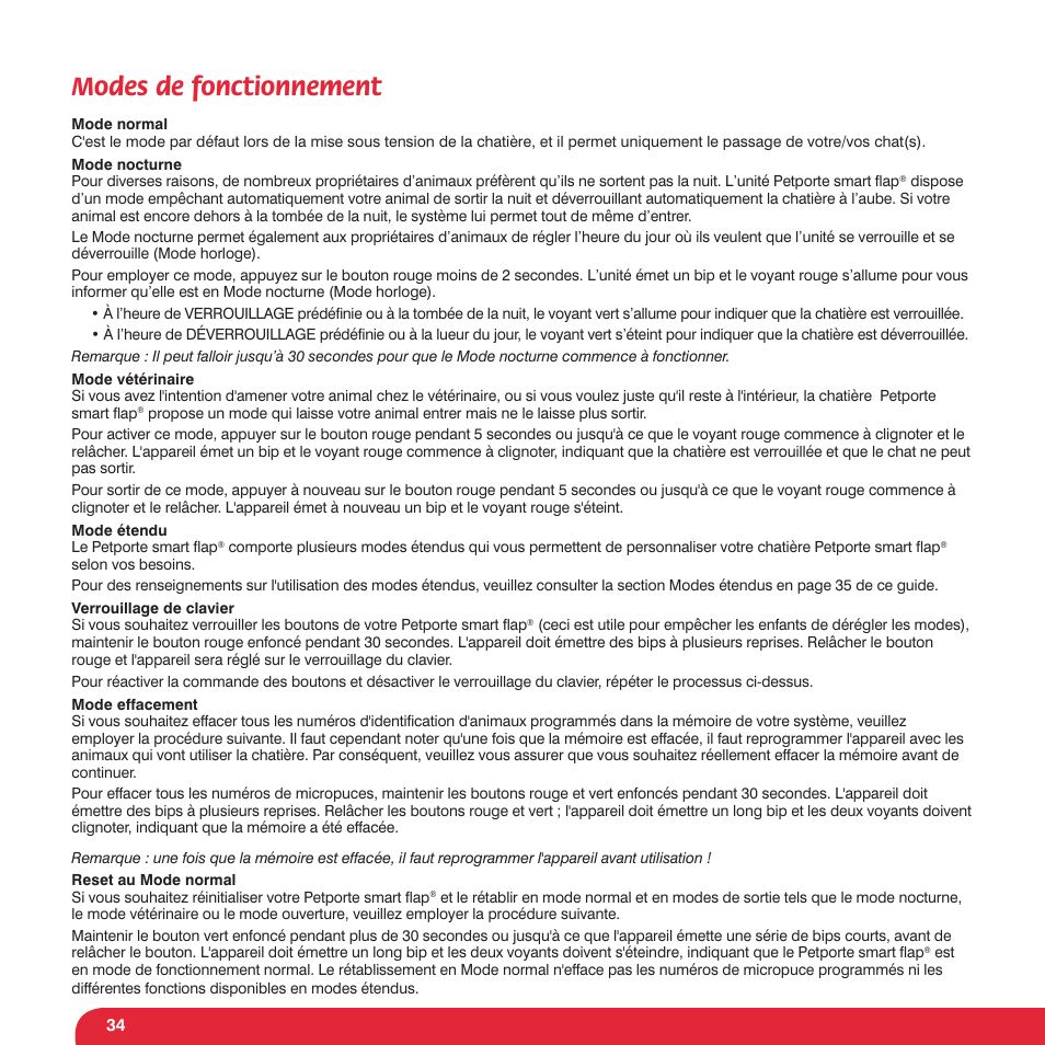 Modes de fonctionnement | Petsafe Petporte Smart Flap® Microchip Cat Flap User Manual | Page 34 / 116