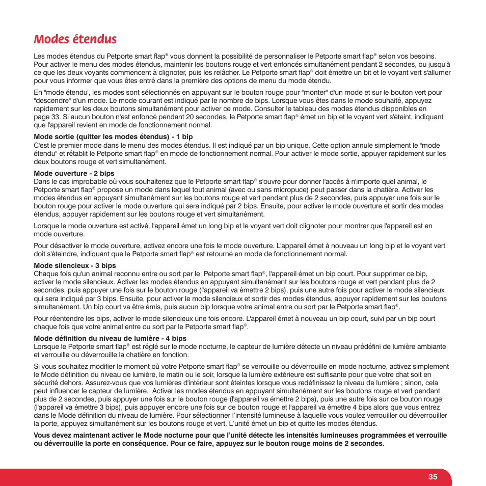 Modes étendus | Petsafe Petporte Smart Flap® Microchip Cat Flap User Manual | Page 35 / 116