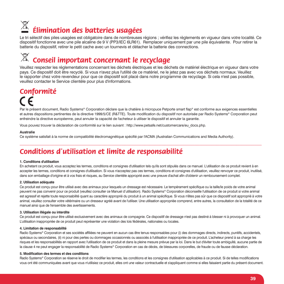 Élimination des batteries usagées, Conseil important concernant le recyclage, Conformité | Petsafe Petporte Smart Flap® Microchip Cat Flap User Manual | Page 39 / 116